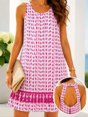 Jade by Melody Tam Pink Geometric Tassel Trim Dress Cotton Stretch L